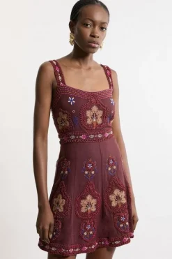 Cotton Embroidered Strappy Woven Mini Dress