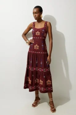 Cotton Embroidered Strappy Woven Maxi Dress