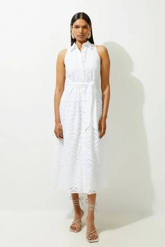 Cotton Eyelet Belted Woven Maxi Shirt Dress