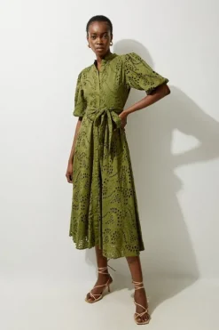Cotton Eyelet Belted Woven Midi Dress