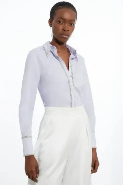Cotton Poplin Embellished Trim Woven Shirt