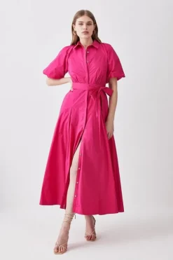 Cotton Poplin Puff Sleeve Woven Shirt Dress With Dropped Waist Detail