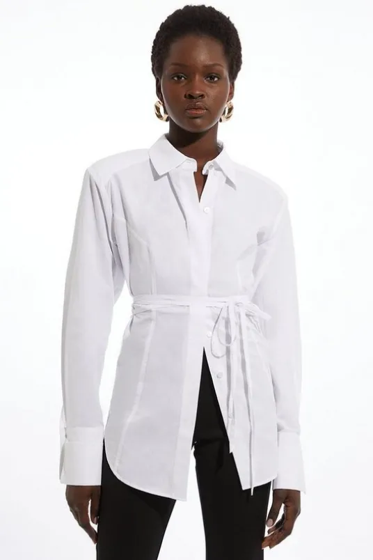 Cotton Poplin Waist Detail Longline Woven Shirt