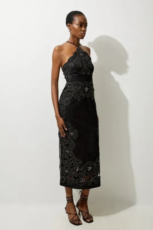 Cotton Quilted Cutwork Beaded Woven Halter Midi Dress