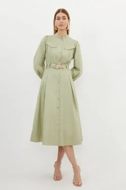 Cotton Sateen Button Detail Woven Midi Shirt Dress