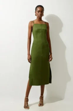 Cotton Sateen Utility Woven Column Midi Dress