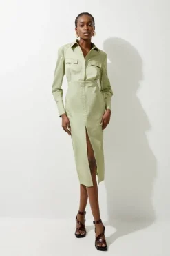 Cotton Sateen Woven Cargo Shirt Midi Dress