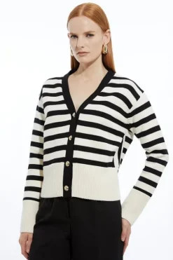 Cotton V Neck Knit Boxy Striped Cardigan