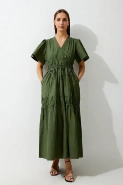 Cotton Woven Shirred Tiered Short Sleeve Maxi Dress