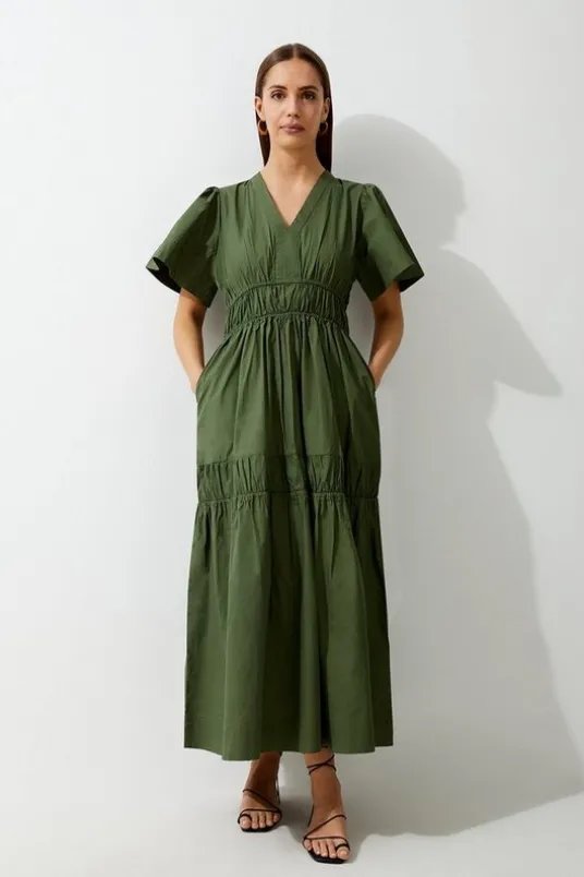 Cotton Woven Shirred Tiered Short Sleeve Maxi Dress