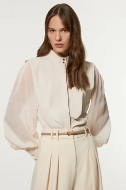 Crinkle Balloon Sleeve High Neck Woven Shirt