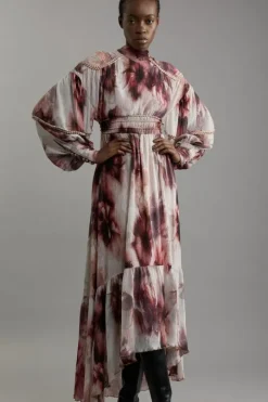 Crinkle Floral Woven Midaxi Dress With Laced Back And Embellishment