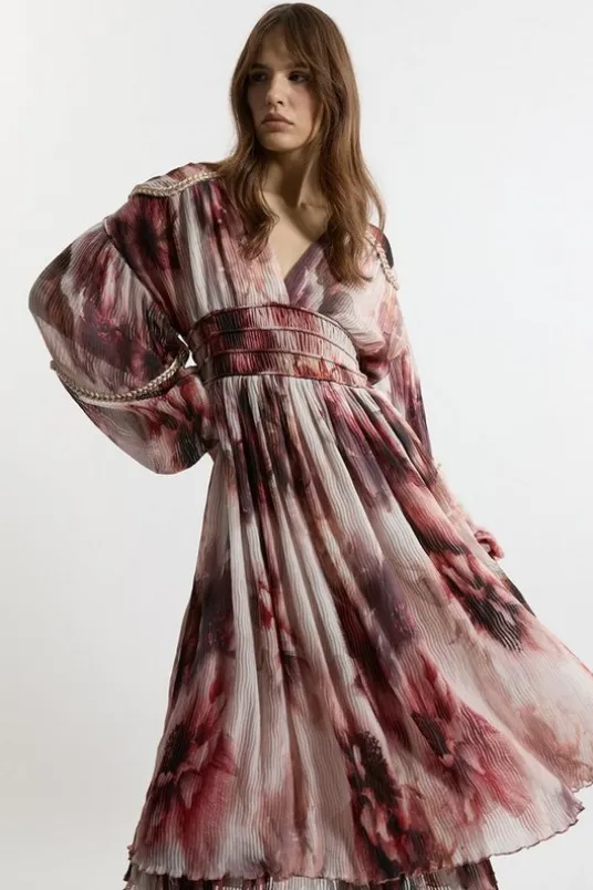 Crinkle Floral Woven Midi Dress With Balloon Sleeve And Embellishment