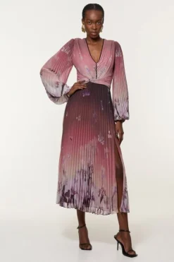 Crinkle Pleat Border Floral Balloon Sleeve Woven Midi Dress