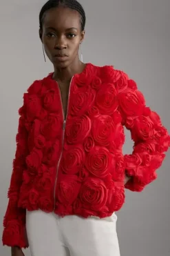 Crinkle Rosette Woven Bomber Jacket