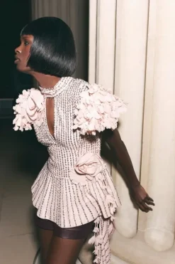 Crystal Embellished Applique Woven Peplum Top