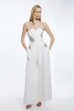Crystal Embellished Bandeau Wrap Tailored Wide Leg Jumpsuit
