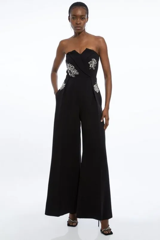 Crystal Embellished Bandeau Wrap Tailored Wide Leg Contrast Jumpsuit