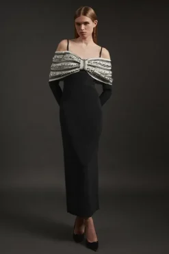 Crystal Embellished Bow Detail Woven Maxi Dress