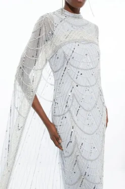 Crystal Embellished Cape Detail Maxi Dress