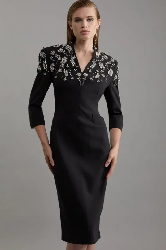 Crystal Embellished Compact Stretch Tailored Forever Dress