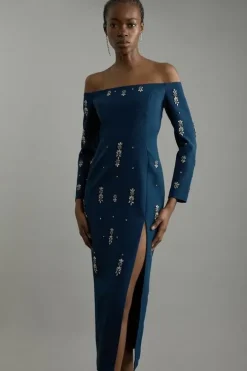 Crystal Embellished Corset Detail Off The Shoulder Woven Midaxi Dress