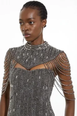 Crystal Embellished Detachable Cape Maxi Dress