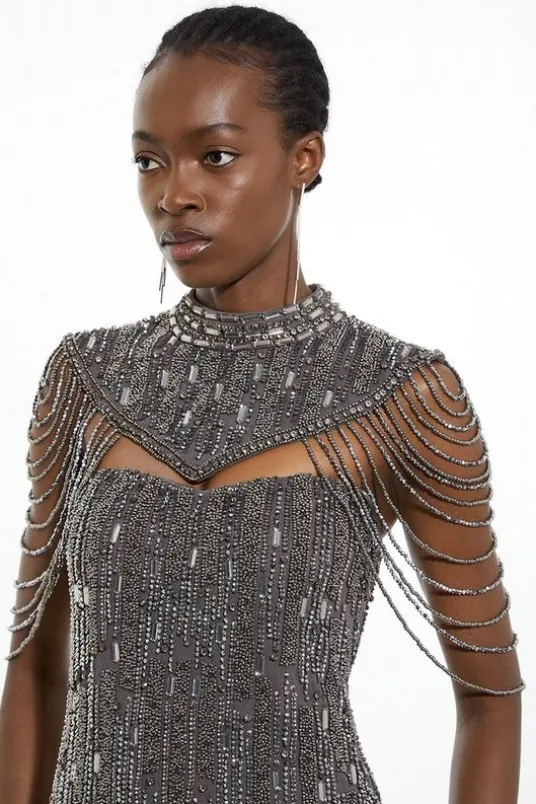 Crystal Embellished Detachable Cape Maxi Dress