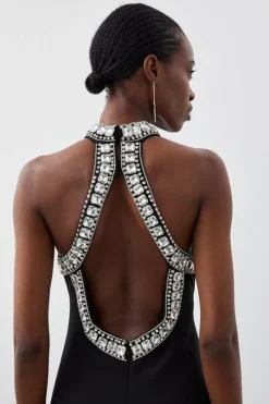 Crystal Embellished Halter Woven Maxi Dress