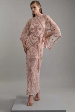 Crystal Embellished Kimono Sleeve Woven Maxi Dress