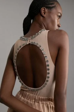 Crystal Embellished Power Mesh Jersey Bodysuit