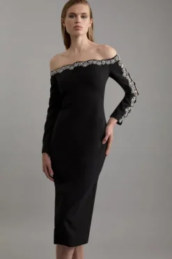 Crystal Embellished Scalloped Off The Shoulder Tailored Midaxi Dress