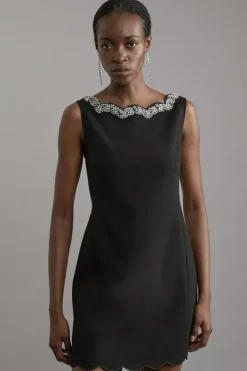 Crystal Embellished Scalloped Tailored Mini Dress