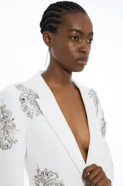 Crystal Embellished Tailored Single Breasted Longline Blazer
