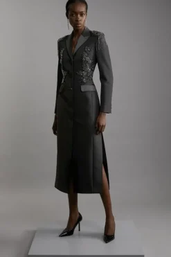 Crystal Embellished Tailored Tuxedo Blazer Midaxi Dress