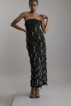 Crystal Embellished Textured Jacquard Bandeau Tailored Midaxi Dress
