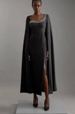 Crystal Embellished Viscose Crepe Woven Cape Maxi Dress