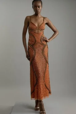 Cut Out Detail Embellished Beaded Woven Maxi Dress