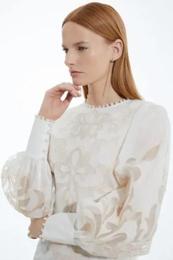 Cutwork Organdie Balloon Sleeve Woven Midi Dress