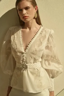 Cutwork Organdie Woven Balloon Sleeve Blouse