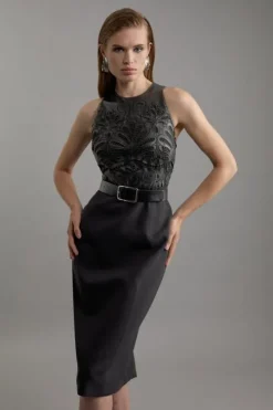 Cutwork Pu Halter Neck Belted Tailored Midi Dress