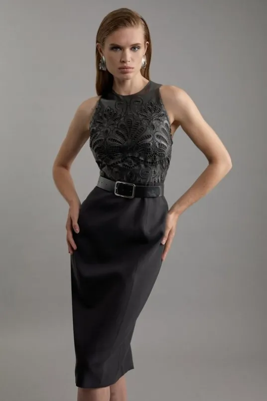 Cutwork Pu Halter Neck Belted Tailored Midi Dress