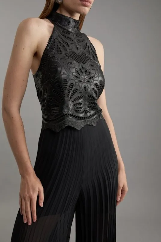 Cutwork Pu Halter Neck Pleated Wide Leg Tailored Jumpsuit