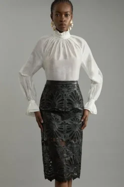Cutwork Pu Tailored Midi Skirt