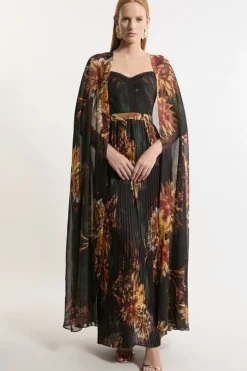 Dark Floral Print Woven Pleated Cape Maxi Dress
