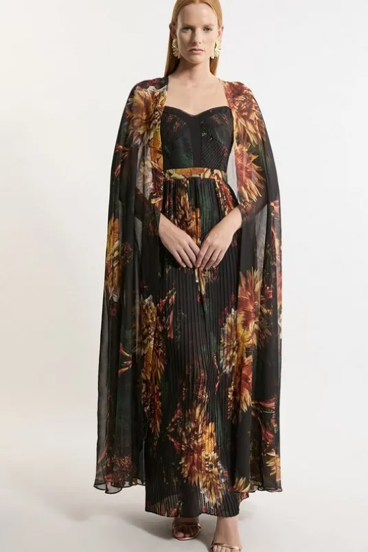 Dark Floral Print Woven Pleated Cape Maxi Dress