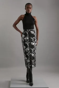 Denim All Over Floral Sequin Skirt