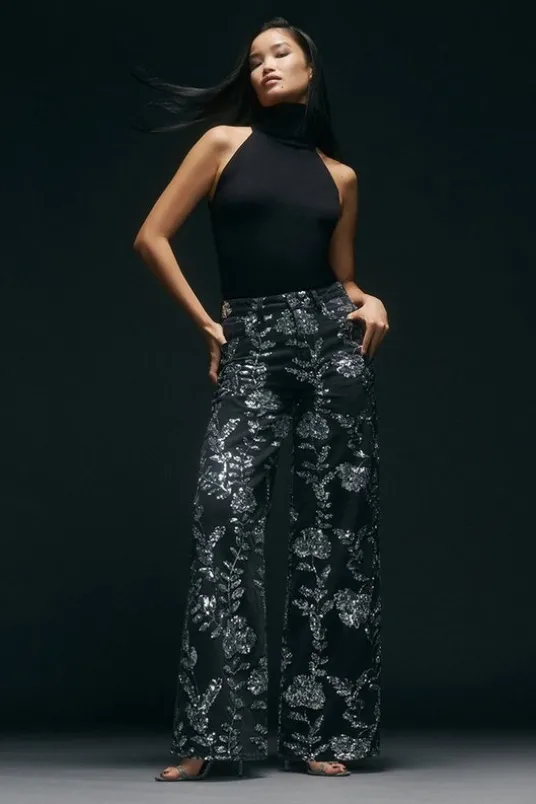 Denim All Over Floral Sequin Wide Leg Pants