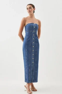 Denim Bandeau Button Midi Dress