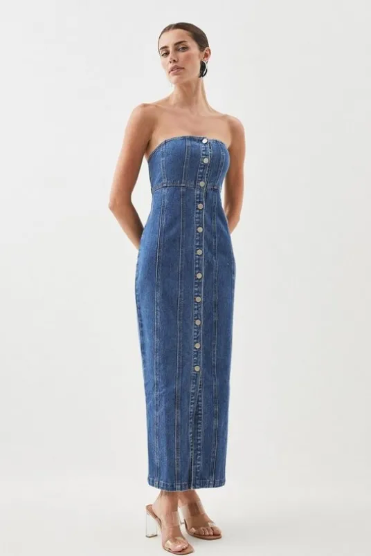 Denim Bandeau Button Midi Dress